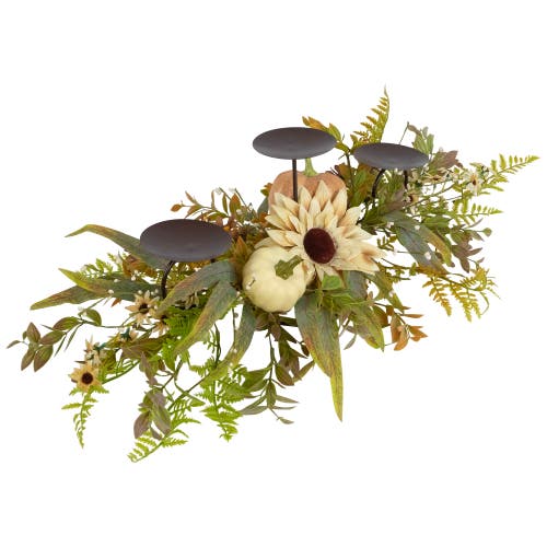 Northlight Sunflowers And Pumpkins Fall Harvest Triple Pillar Candleholder In Green