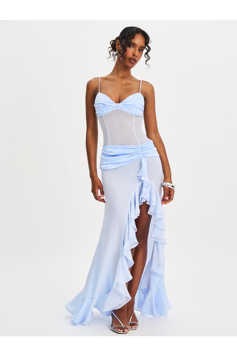 Lacy Ruched Breast High Slit Chiffon Dress, Alternate, color, blue