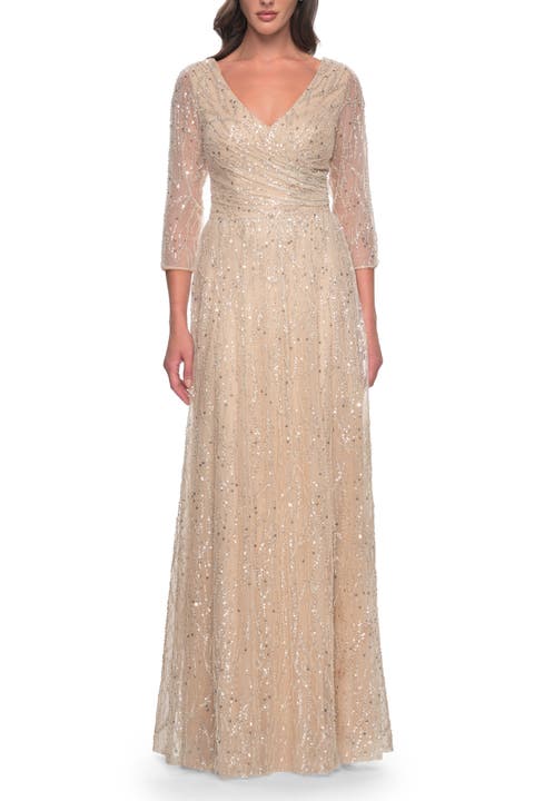 Beaded Sequin Dress with Ruched Waist and V Neckline