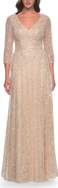 La Femme Beaded Sequin Dress with Ruched Waist and V Neckline