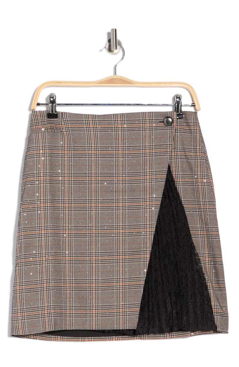 Nicole Miller Rhinestone Plaid Wrap Skirt, Alternate, color, Black/ Tan