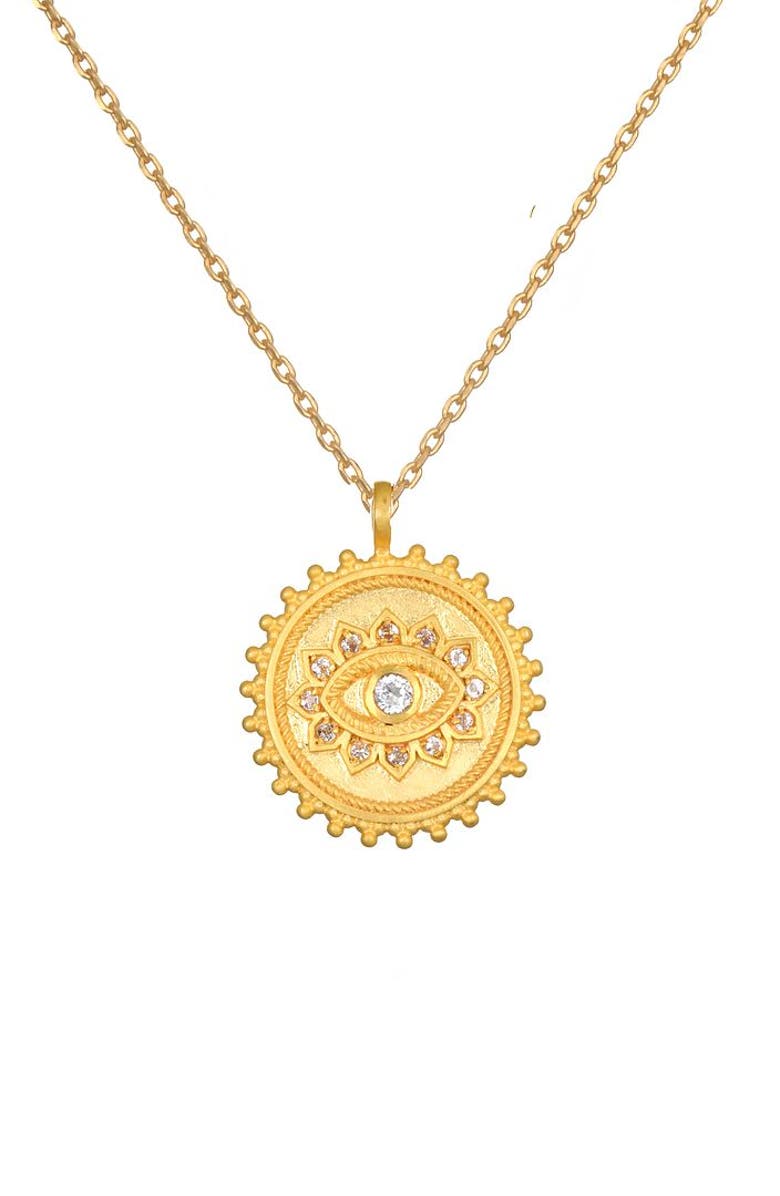 Satya Jewelry True Visionary White Topaz Evil Eye Necklace, Main, color, Gold