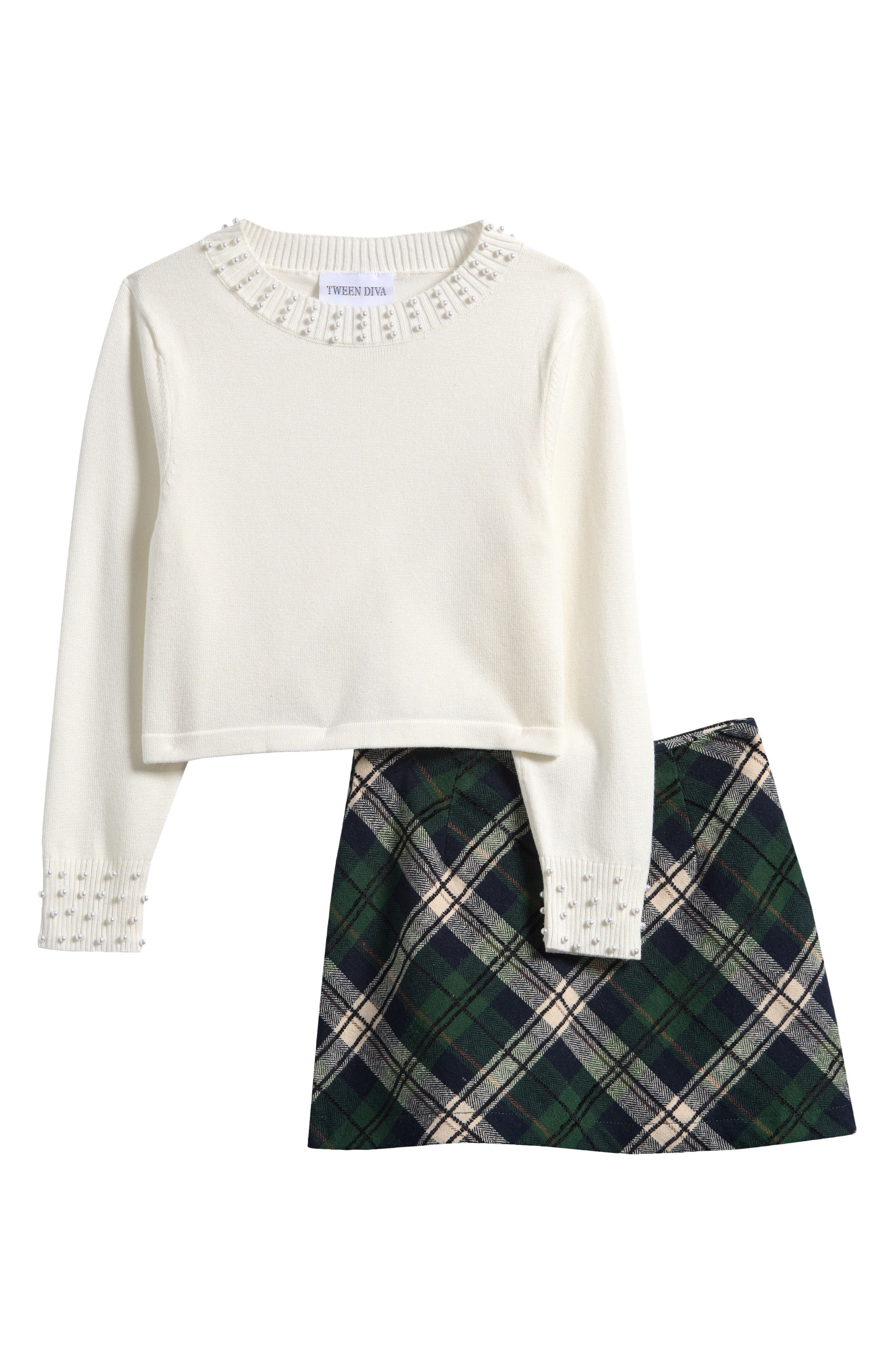 Tween Diva Kids' Faux Pearl Embellished Sweater & Tweed Skirt Set