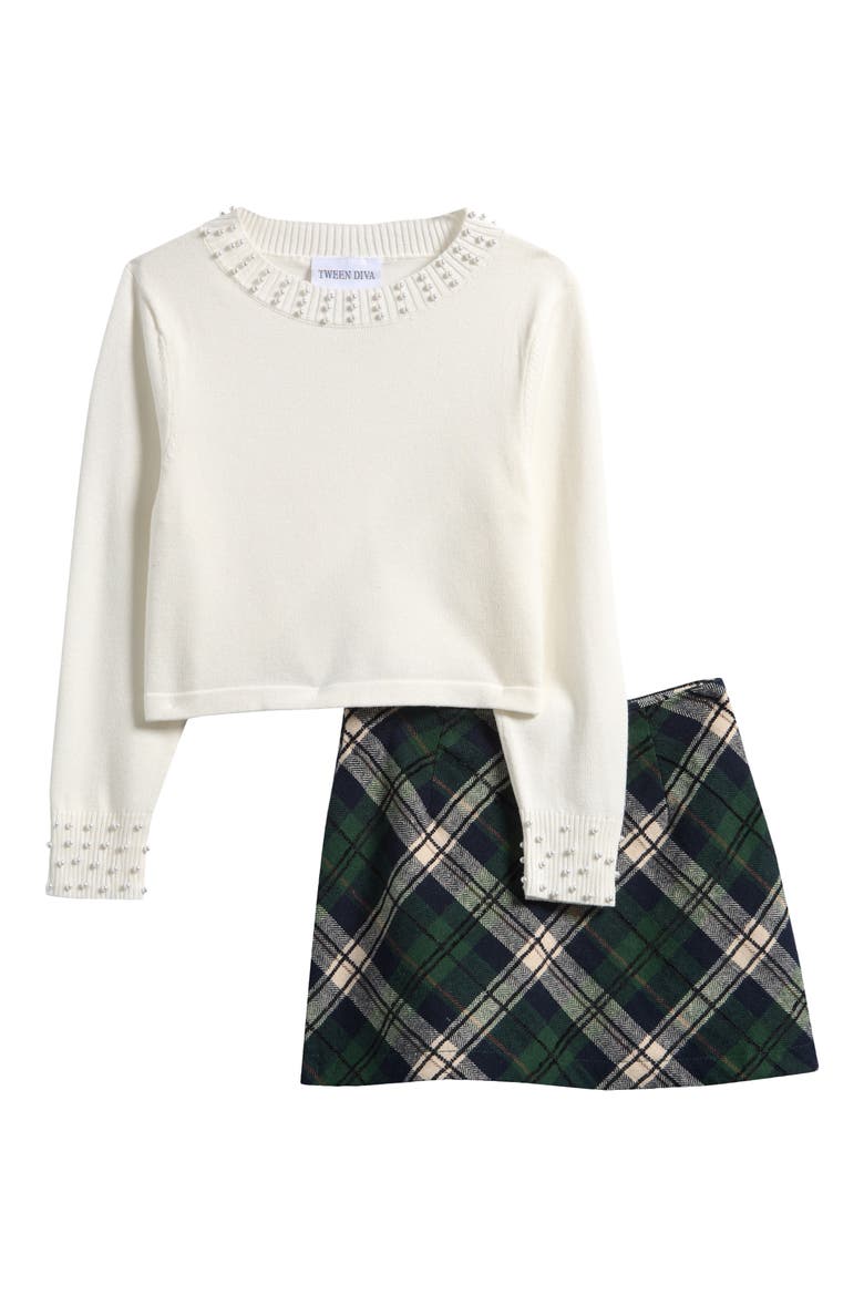Kids' Faux Pearl Embellished Sweater & Tweed Skirt Set, Main, color, HUNTER