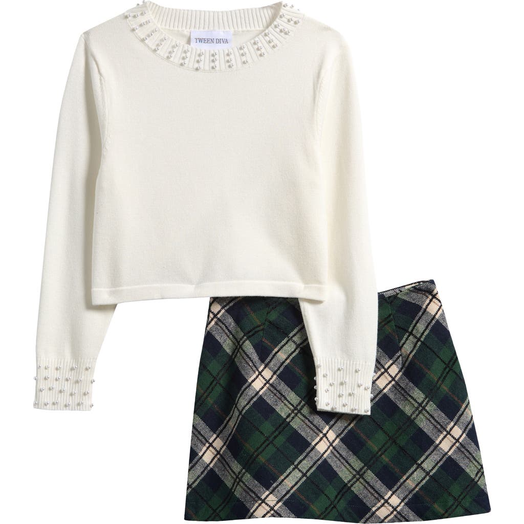 Tween Diva Kids' Faux Pearl Embellished Sweater & Tweed Skirt Set In Neutral