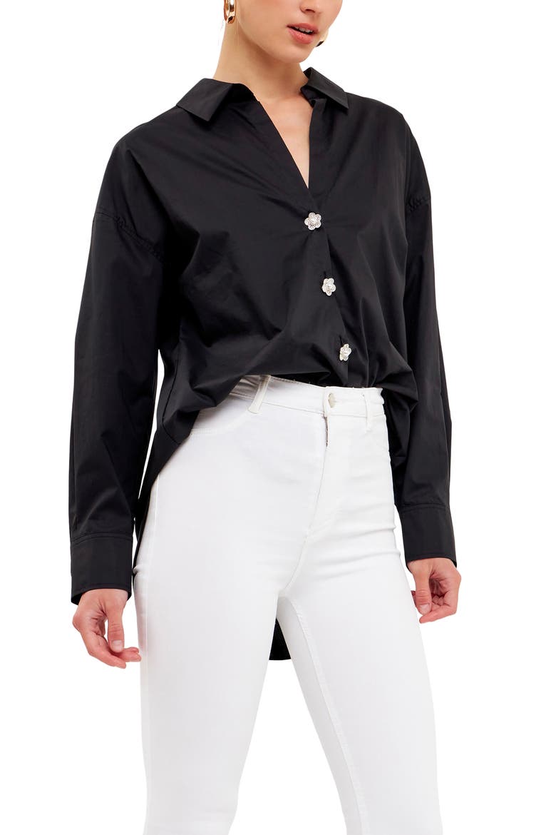Imitation Pearl Button-Up Cotton Shirt, Alternate, color, BLACK