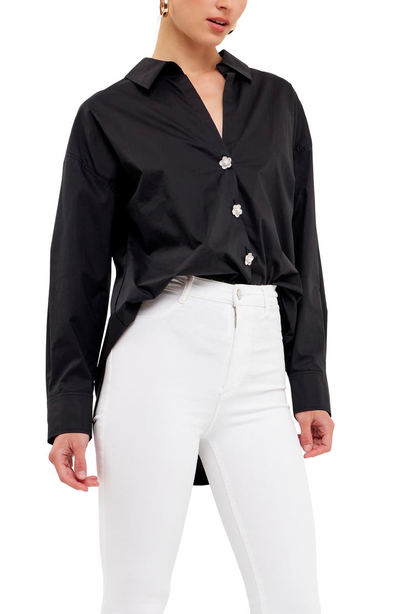 English Factory Imitation Pearl Button-Up Cotton Shirt, Alternate, color, Black