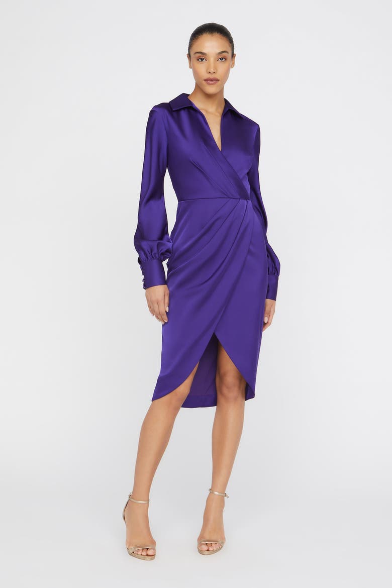 Steph Shirt Wrap Button Down Satin Dress, Alternate, color, Empress Violet