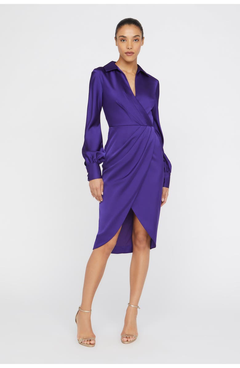 Theia Steph Shirt Wrap Button Down Satin Dress, Alternate, color, Empress Violet