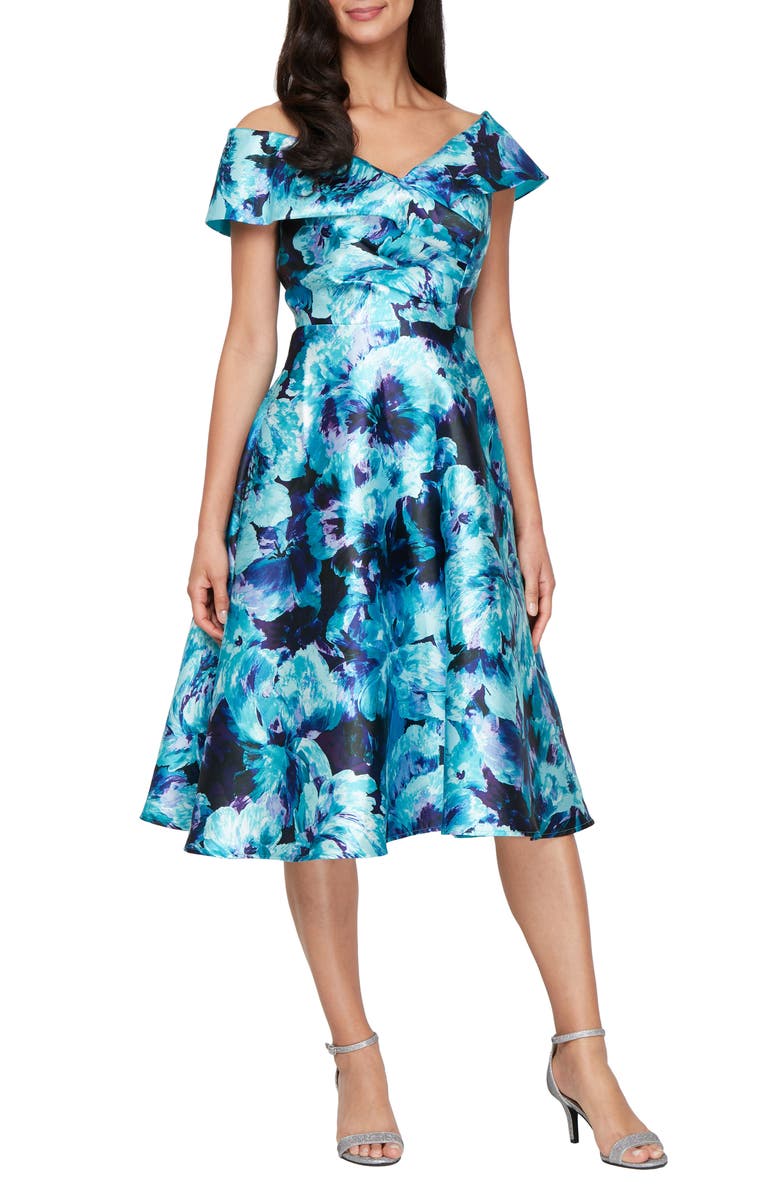 Alex Evenings Printed Mikado Off the Shoulder Cocktail Dress, Main, color, Aqua Multi