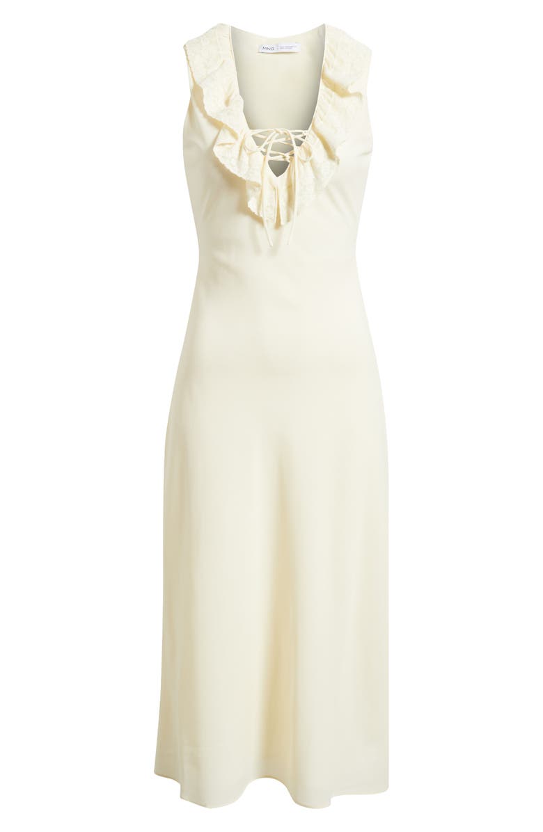 MANGO Ruffled Lace Trim V-Neck Midi Dress, Main, color, Vanilla