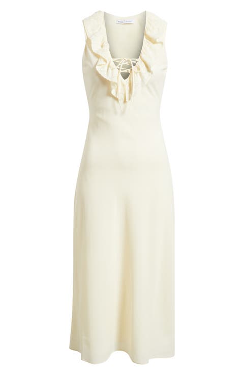 Ruffled Lace Trim V-Neck Midi Dress