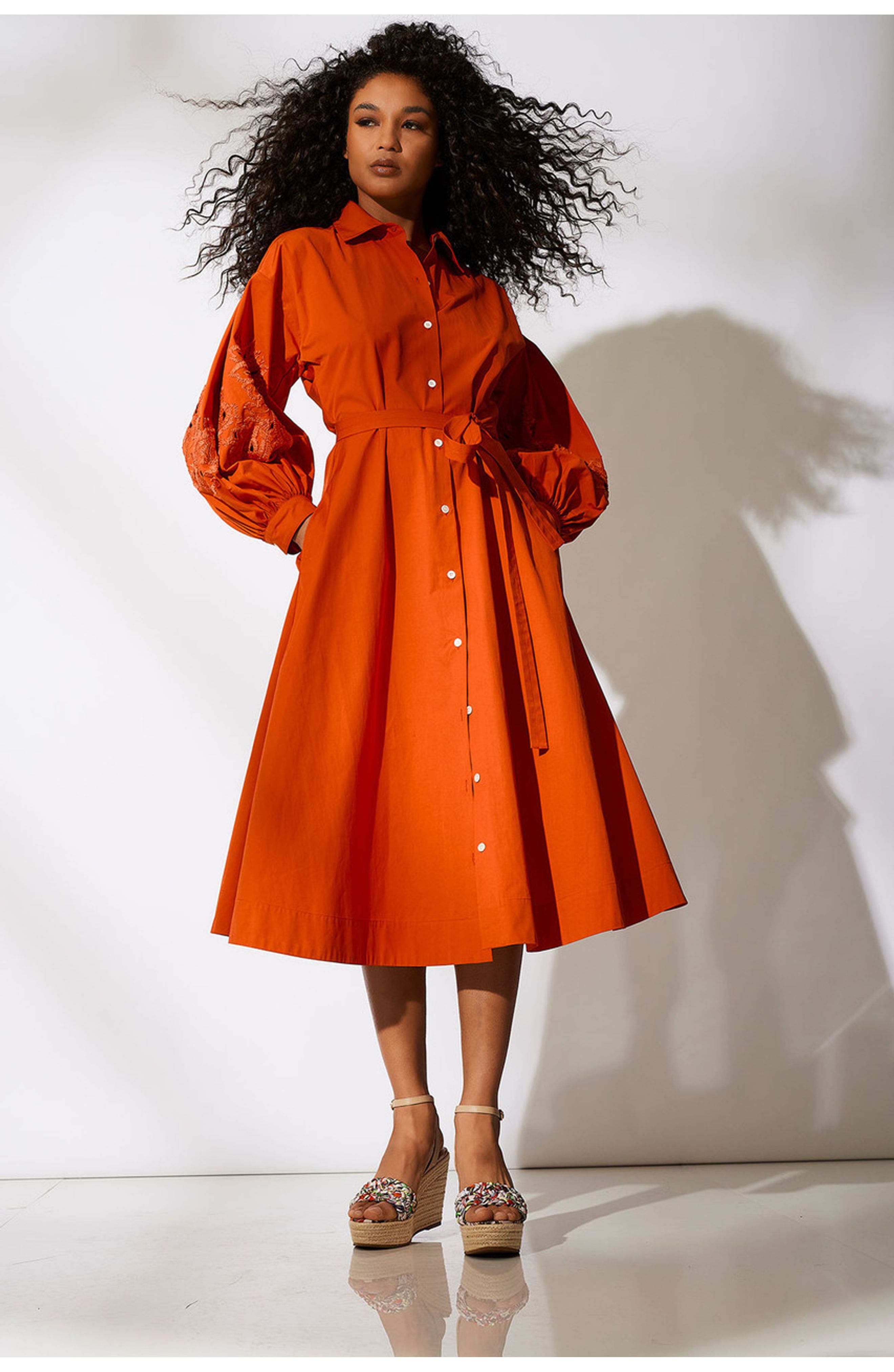 Natori Tech Cotton Taffeta Balloon Sleeve Belted Shirt Dress w ...