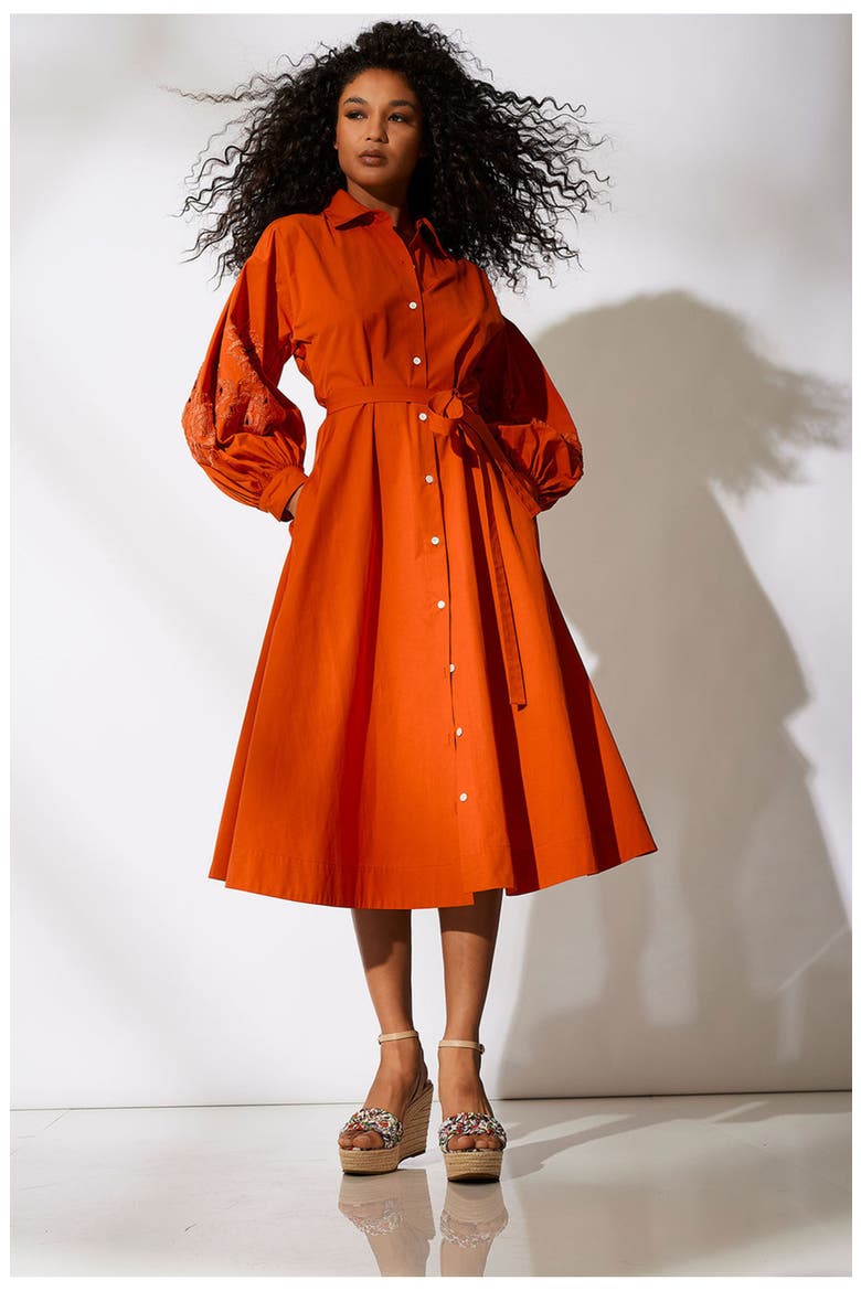 Tech Cotton Taffeta Balloon Sleeve Belted Shirt Dress w/ Embroidery, Alternate, color, ORANGE