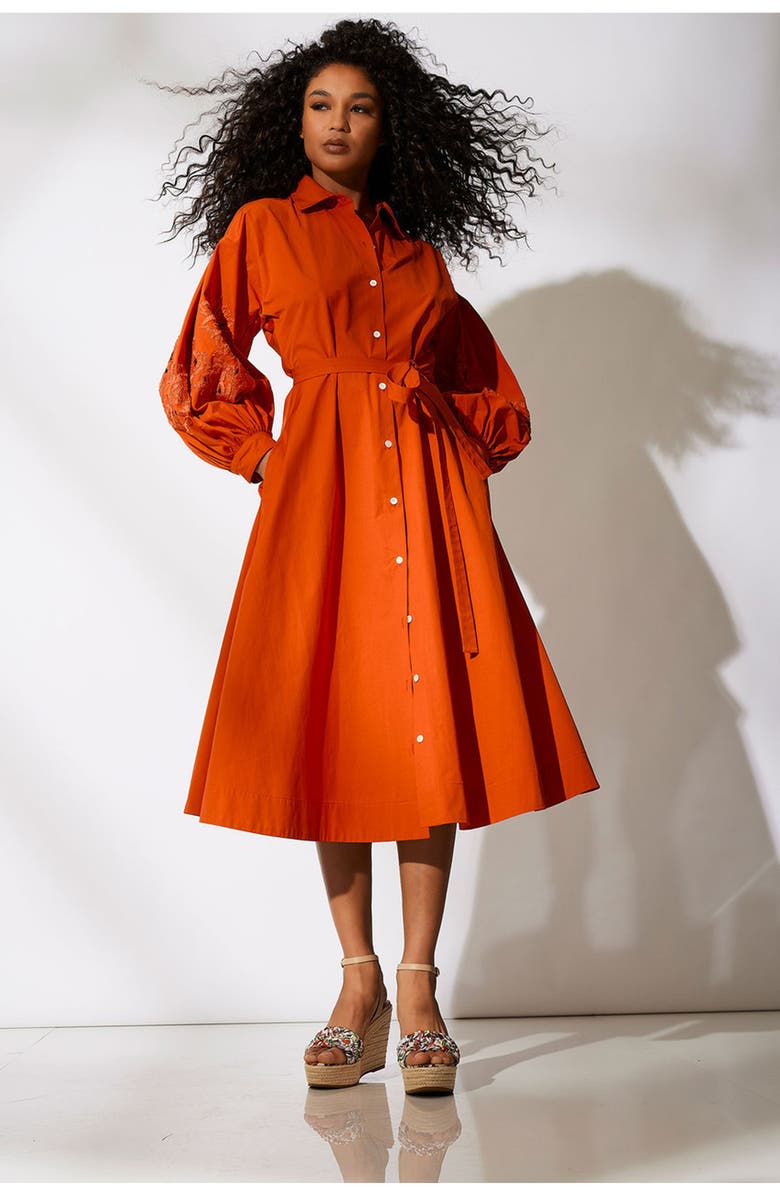 Natori Tech Cotton Taffeta Balloon Sleeve Belted Shirt Dress w/ Embroidery, Alternate, color, Orange