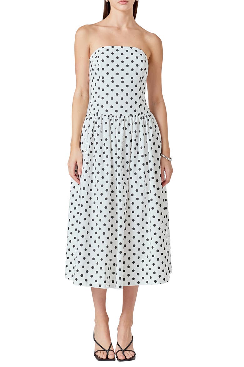 Polka Dot Strapless A-Line Dress, Main, color, WHITE/ BLACK