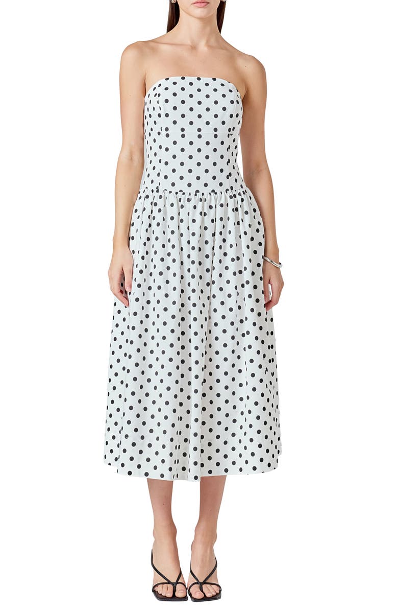 Endless Rose Polka Dot Strapless A-Line Dress, Main, color, White/ Black