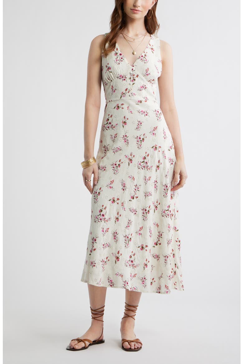 Embroidered Bias Cut Midi Dress, Main, color, IVORY- PINK POSY FLORAL