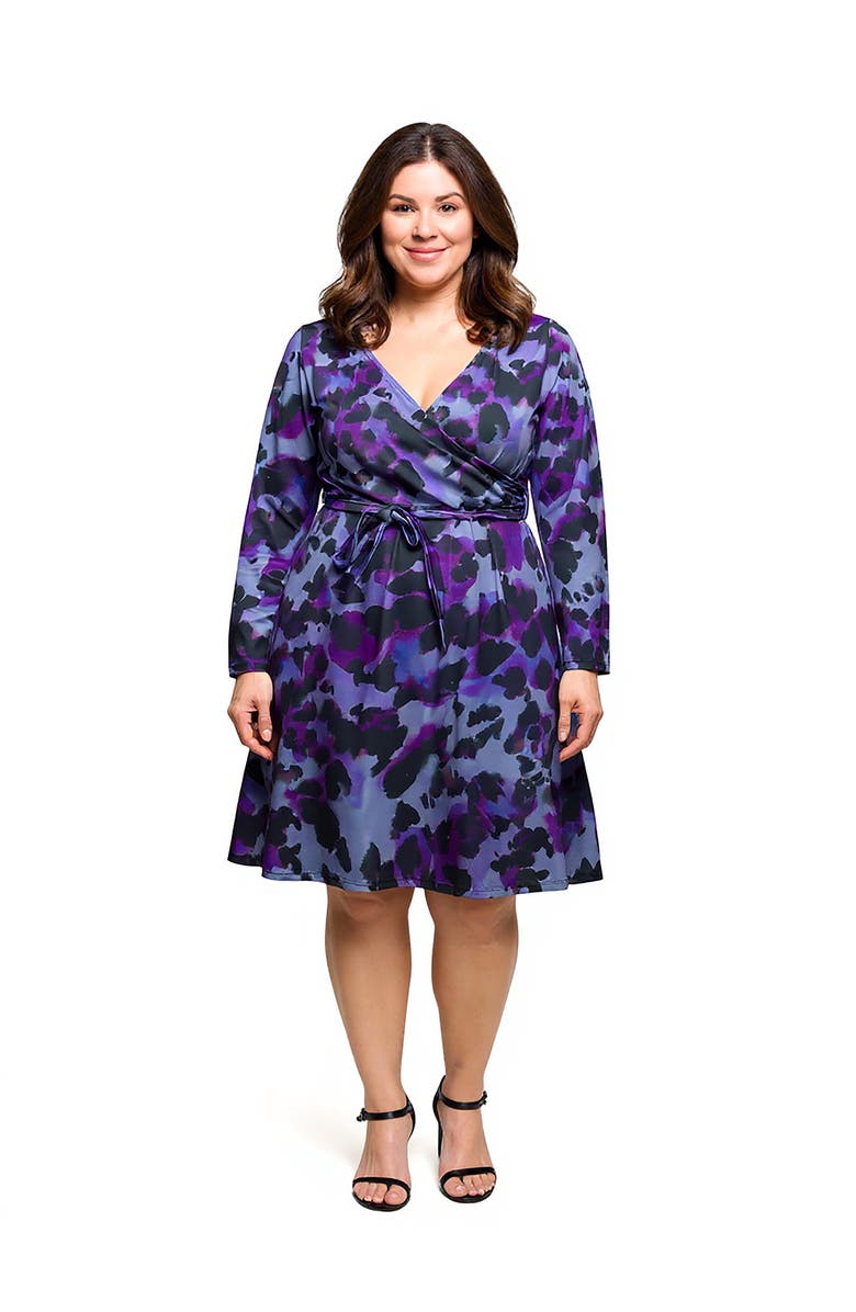 24seven Comfort Apparel Long Sleeve Wrap Dress with Belt in Print, Main, color, Purple Multi