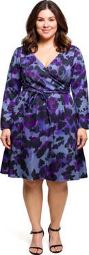 24seven Comfort Apparel Long Sleeve Wrap Dress with Belt in Print