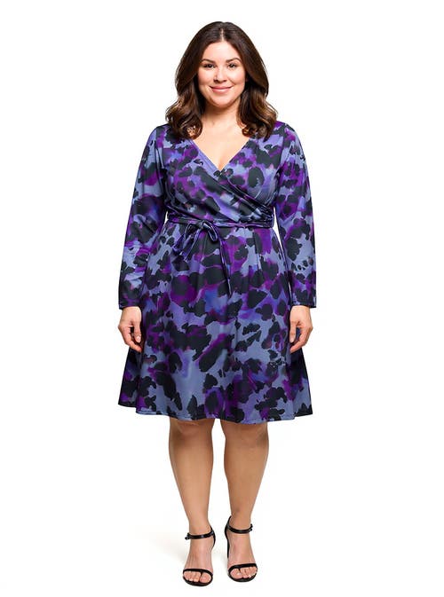 24seven Comfort Apparel Plus Size Long Sleeve Wrap With Belt Dress In Blue