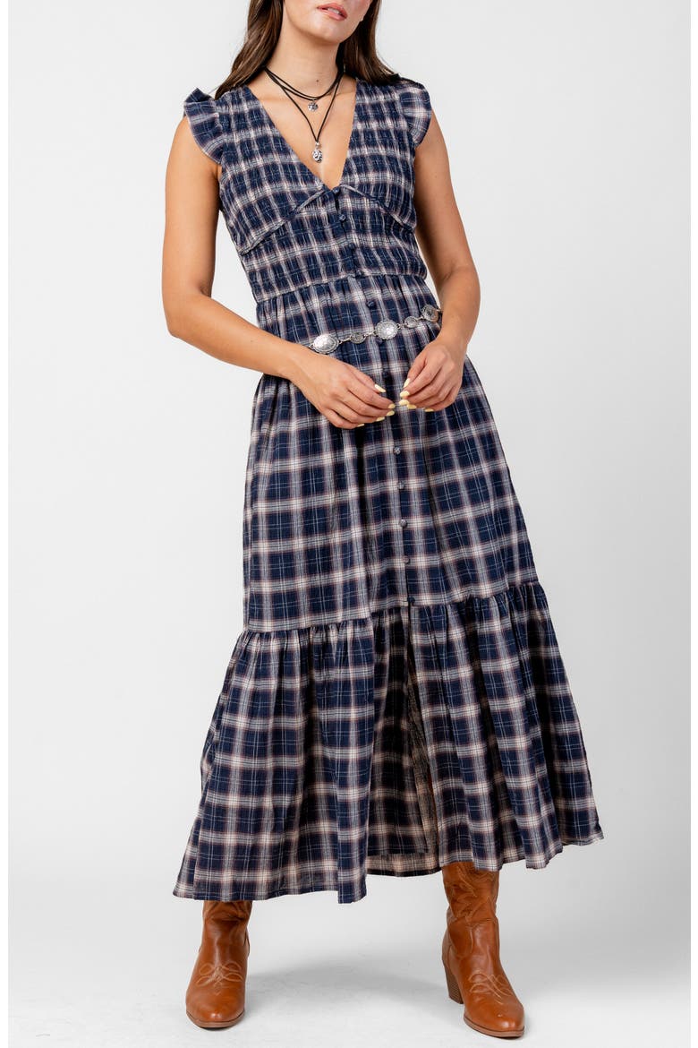 Plaid Smocked Bodice Cotton Midi Dress, Alternate, color, NAVY
