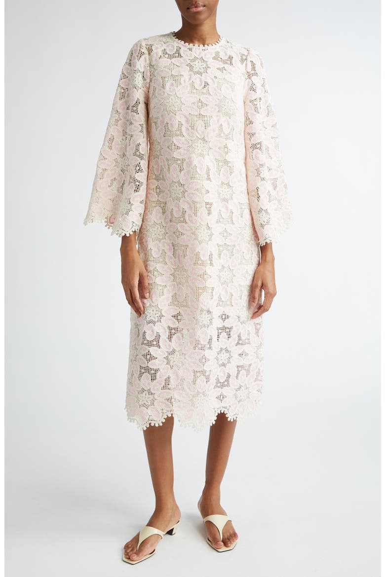 Ottie Long Sleeve Guipure Lace Cotton Blend Midi Dress, Main, color, CREAM/ PINK