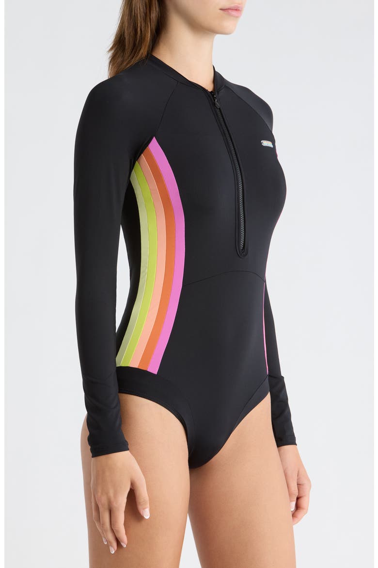 Surf Stripe Long Sleeve UPF 50+ One-Piece Rashguard Swimsuit, Alternate, color, BLACK