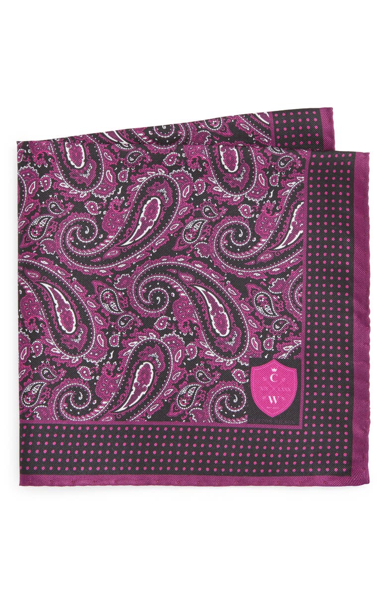 CLIFTON WILSON Fuschia Paisley Silk Pocket Square, Main, color, Fuschia