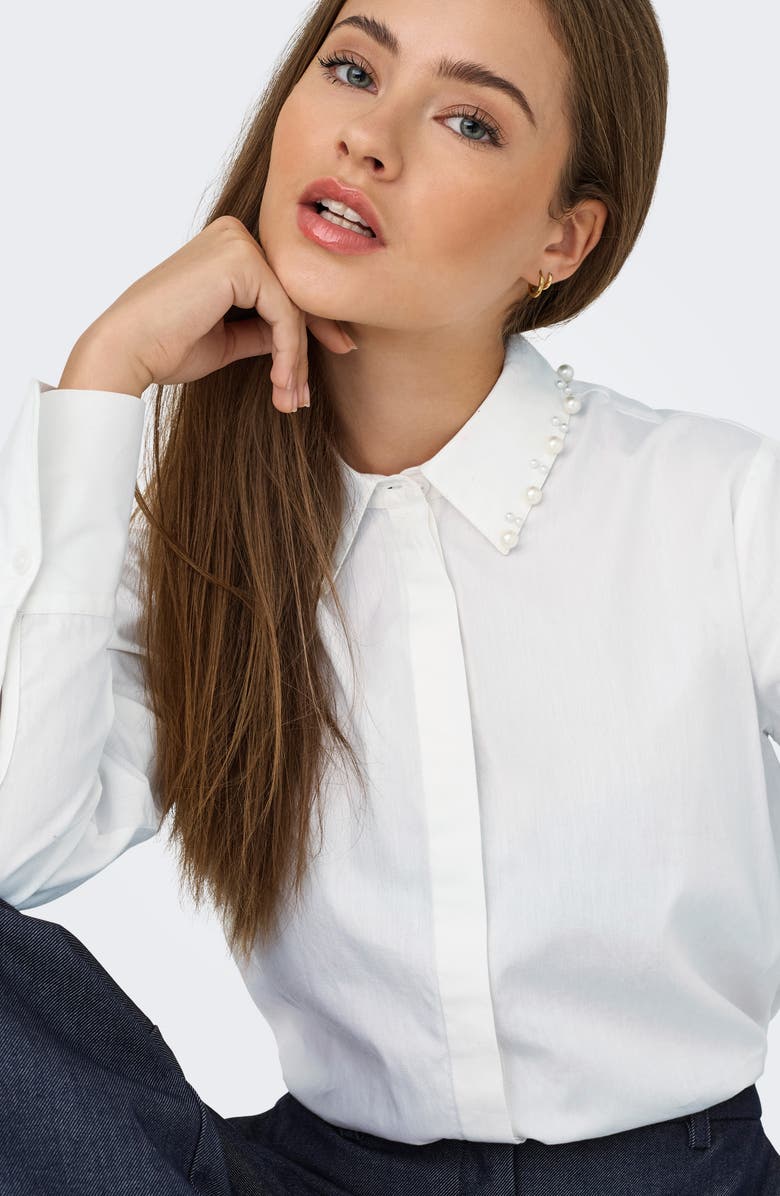 Only Lula Pearly Collar Long Sleeve Button-Up Shirt, Alternate, color, Cloud Dancer