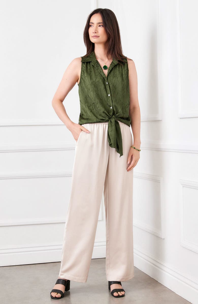 Karen Kane Sleeveless Tie Front Crushed Satin Top, Alternate, color, Olive