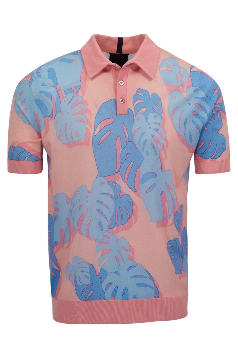 Monstera Floral Mens Merino Silk Cashmere Polo, Alternate, color, MONSTERA FLORAL CORAL