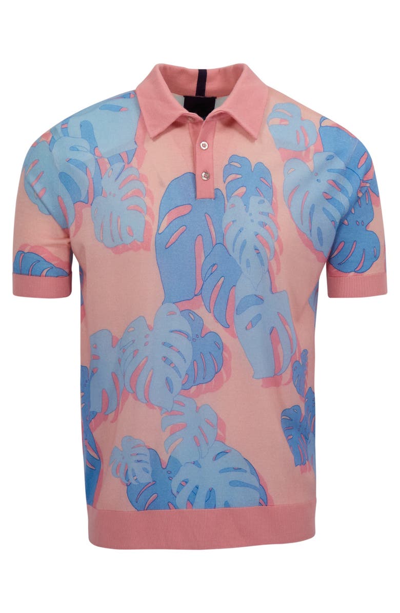 Lords of Harlech Monstera Floral Mens Merino Silk Cashmere Polo, Alternate, color, Monstera Floral Coral