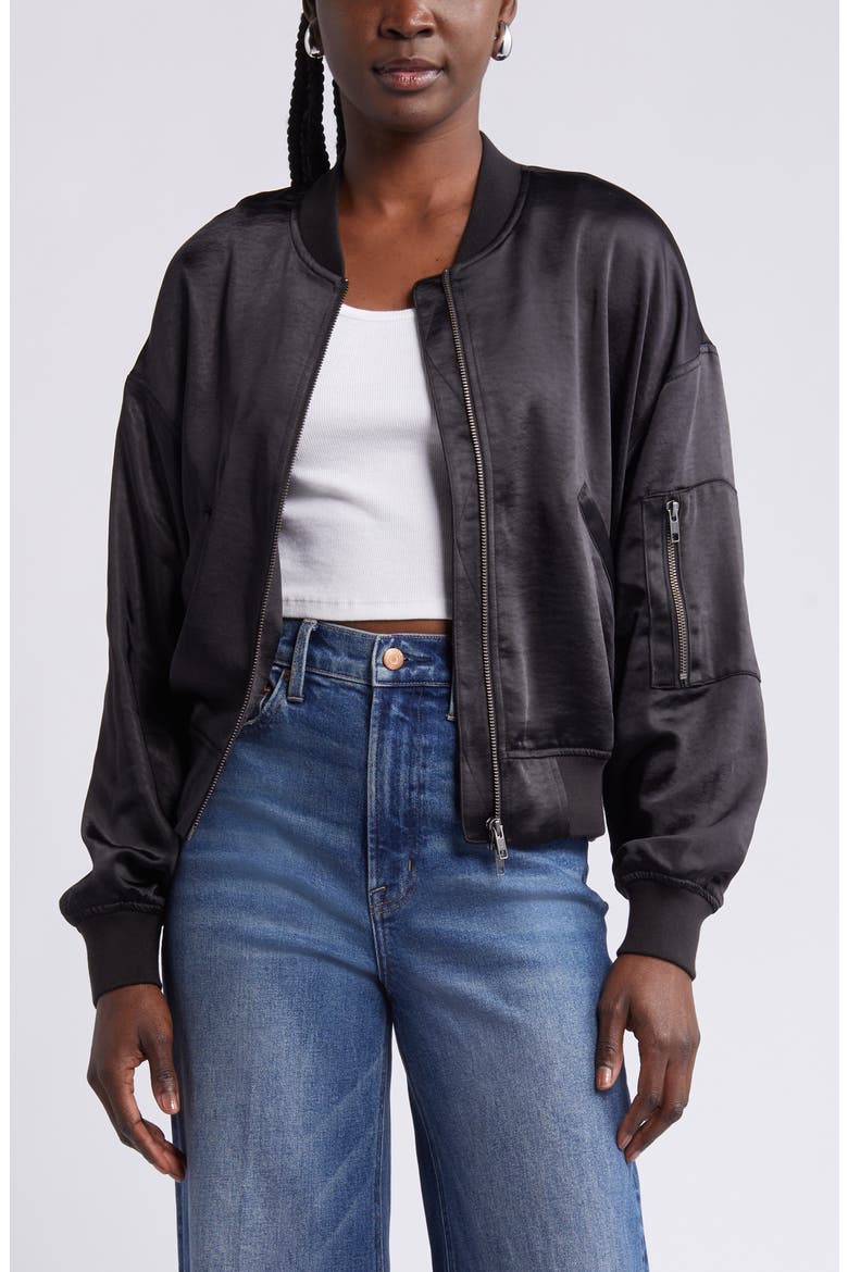 Satin Bomber Jacket, Main, color, BLACK
