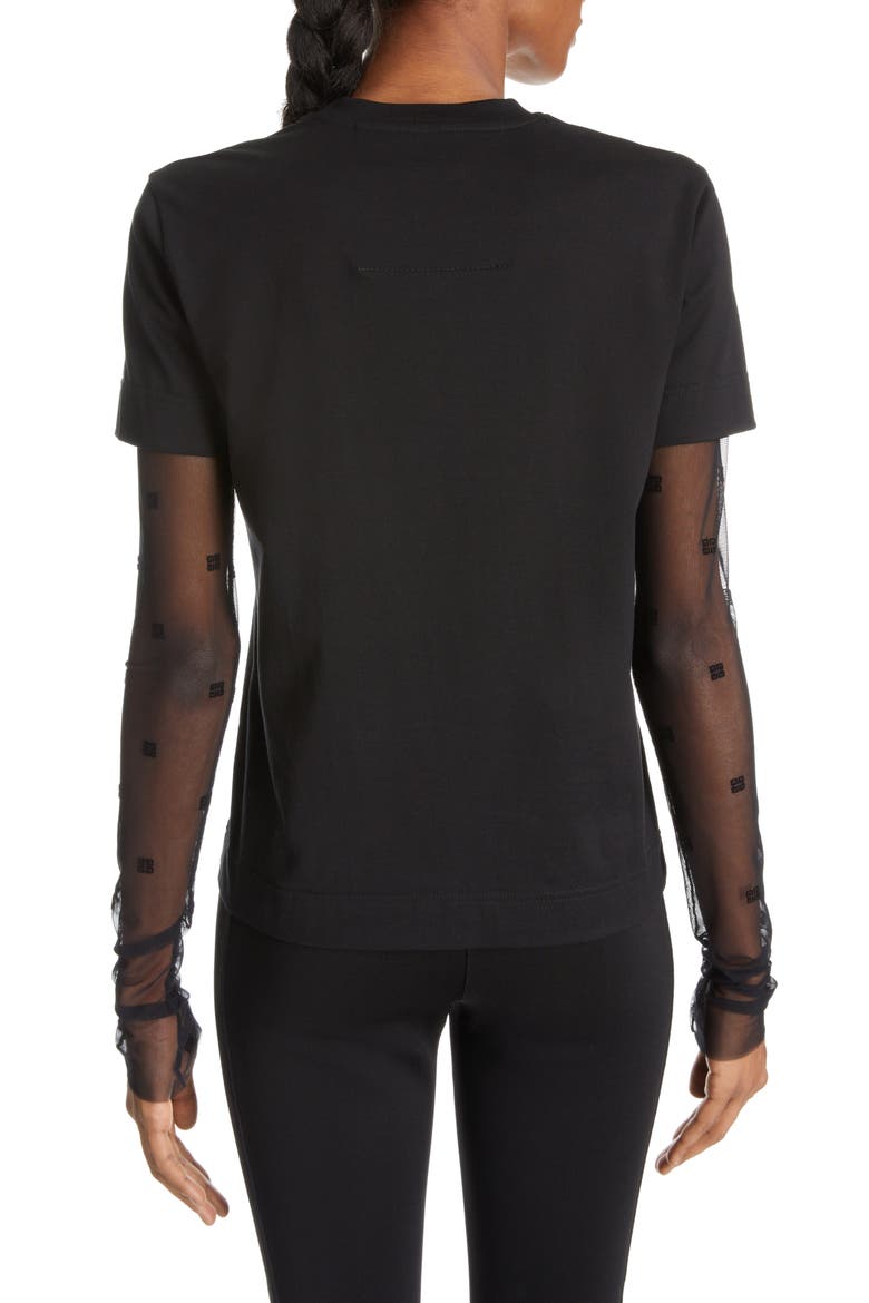 4G Tulle Sleeve Cotton T-Shirt, Alternate, color, BLACK
