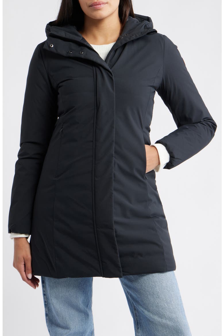 Leyla Water Resistant Recycled Polyester Hooded Coat, Main, color, BLACK