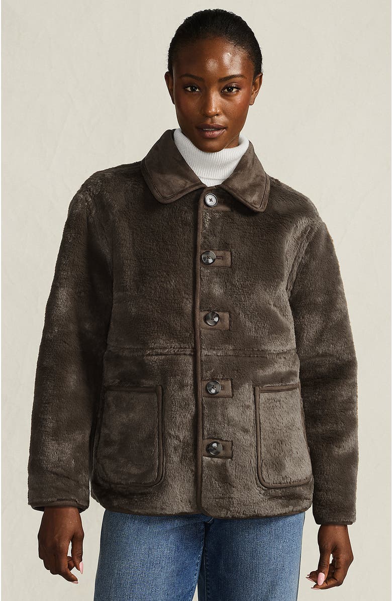 Lands' End Reversible Shearling Fleece Button Front Coat, Alternate, color, Brown