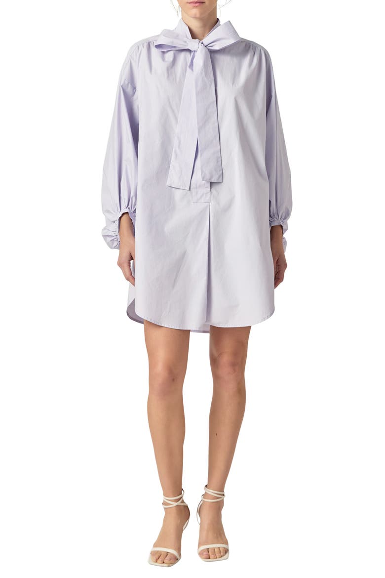Billow Tie Neck Long Sleeve Poplin Shirtdress, Main, color, LILAC