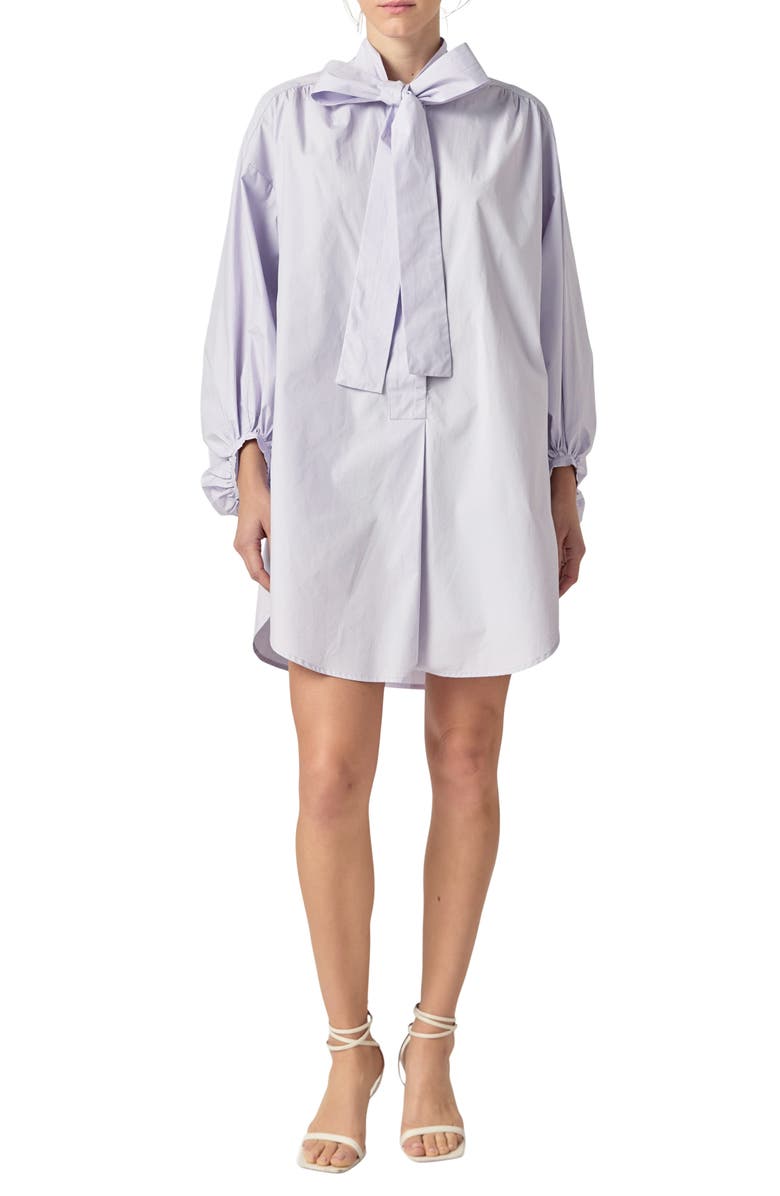 English Factory Billow Tie Neck Long Sleeve Poplin Shirtdress, Main, color, Lilac