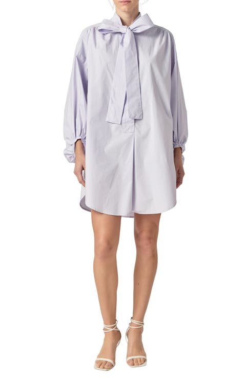 Billow Tie Neck Long Sleeve Poplin Shirtdress