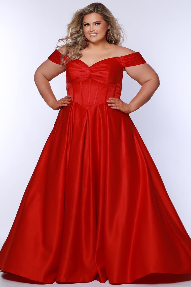 Sweetheart Neckline Off the Shoulder Plus Size A-line Gown, Alternate, color, Ruby