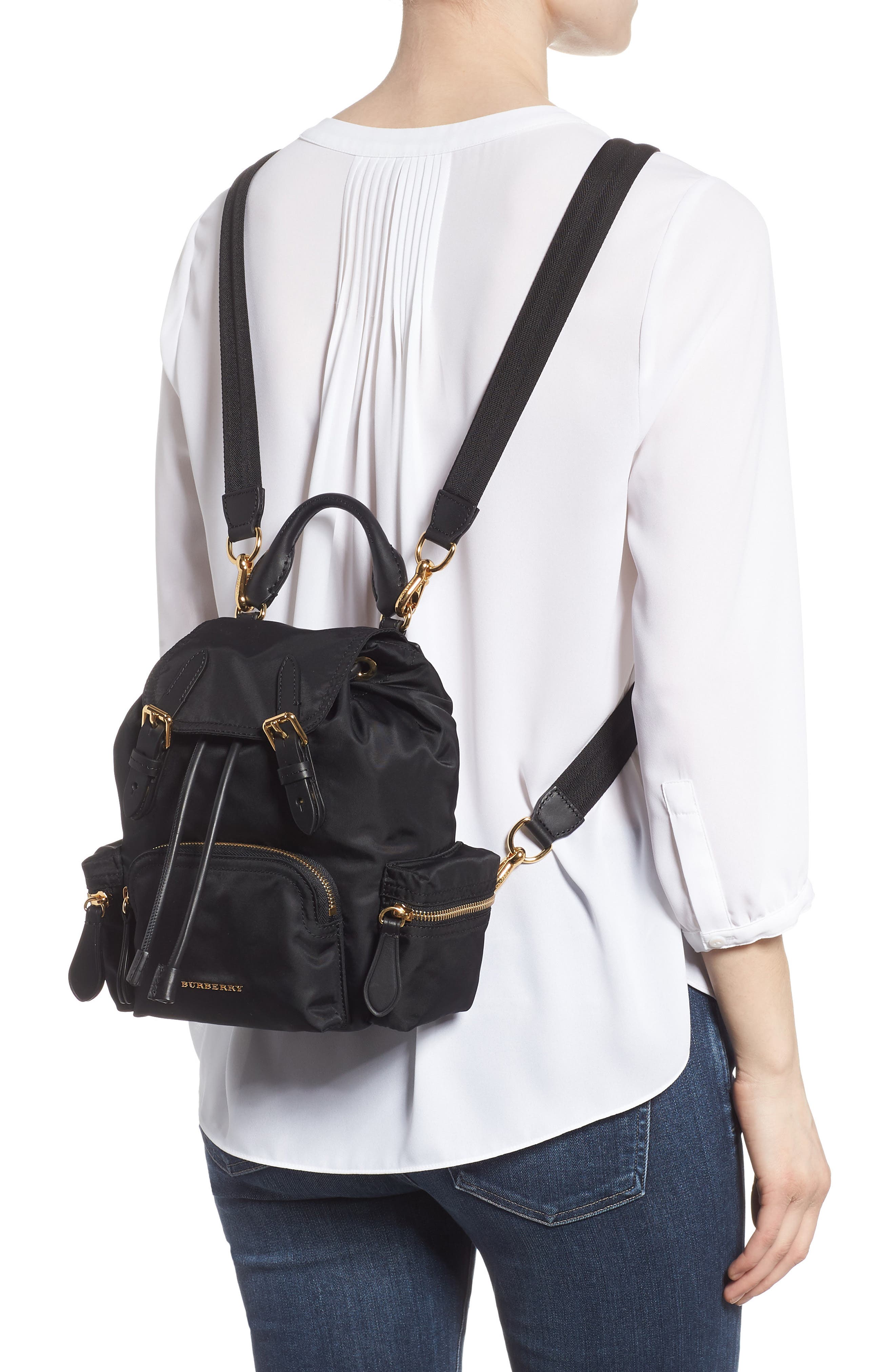 Burberry Small Rucksack Technical Nylon & Leather Backpack, Alternate, color, 