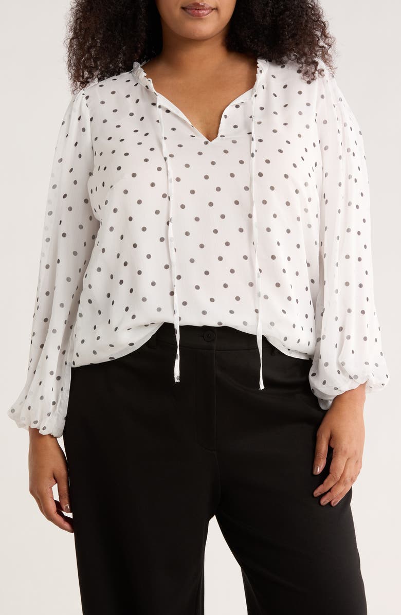 Adrianna Papell Ruffle Long Sleeve Top, Main, color, Ivory/ Black Timeless Dot