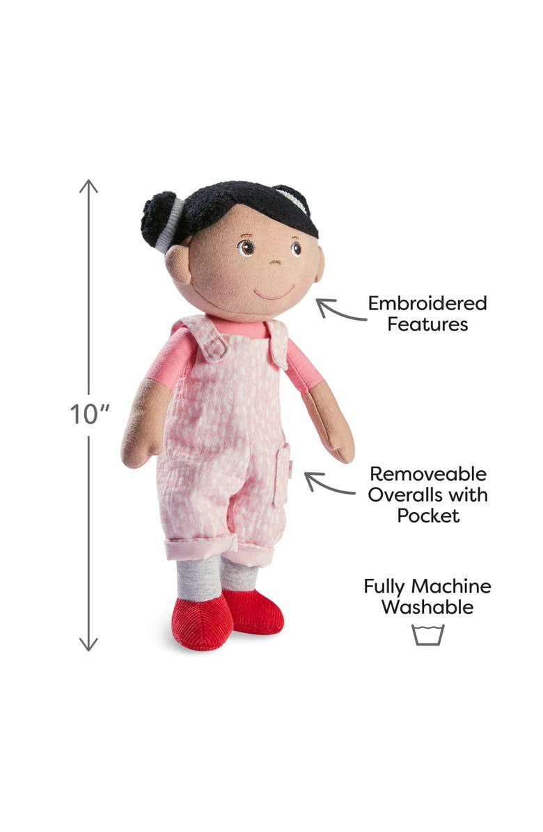 HABA Snug Up Doll Rumbi - 10" Soft Doll with Black Hair and Pink Overalls - Machine Washable for 18 Months and Up, Alternate, color, Multi