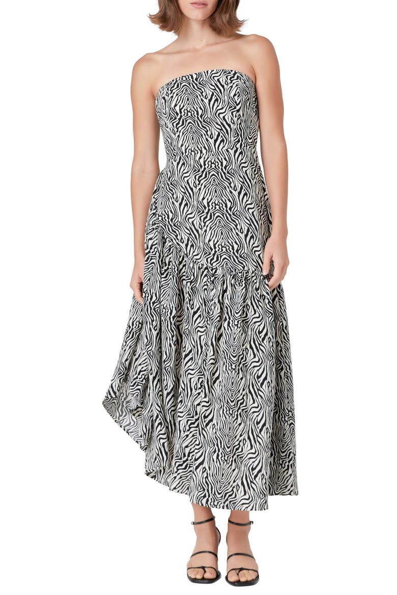 Strapless Asymmetric Hem Cotton Maxi Dress, Main, color, IVORY/ BLACK