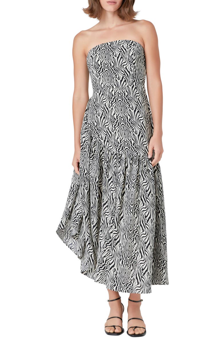 Endless Rose Strapless Asymmetric Hem Cotton Maxi Dress, Main, color, Ivory/ Black