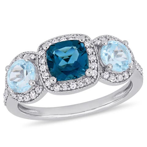 Blue Topaz & Diamond Halo Ring
