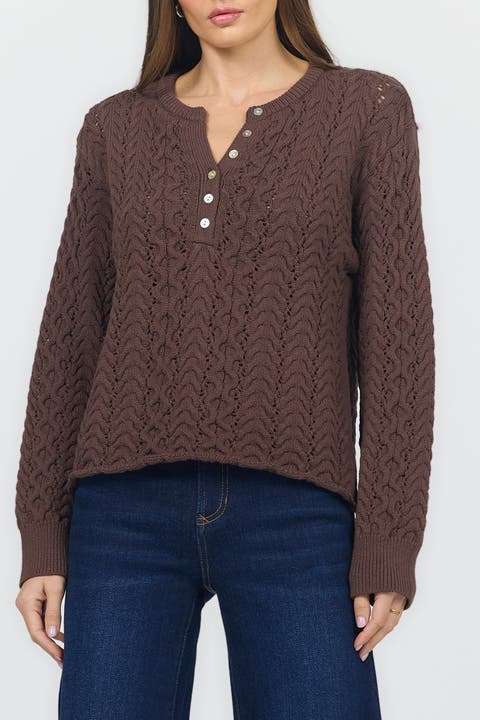 Dreya Popover Button Placket Cable Knit Sweater