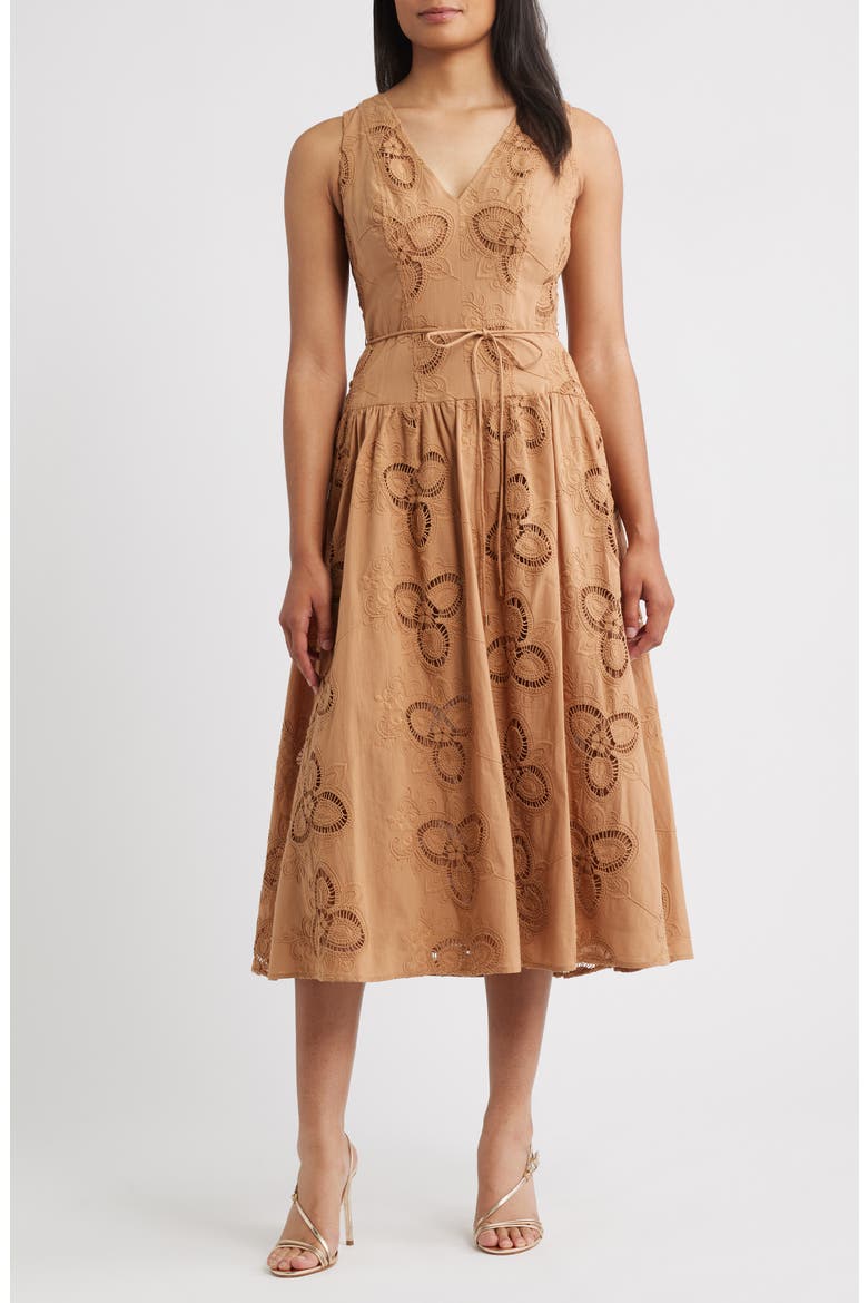 Embroidered Sleeveless Midi Dress, Main, color, GINGER ROOT