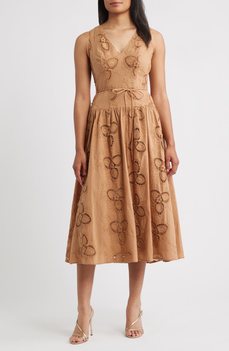 Anne Klein Embroidered Sleeveless Midi Dress, Main, color, Ginger Root